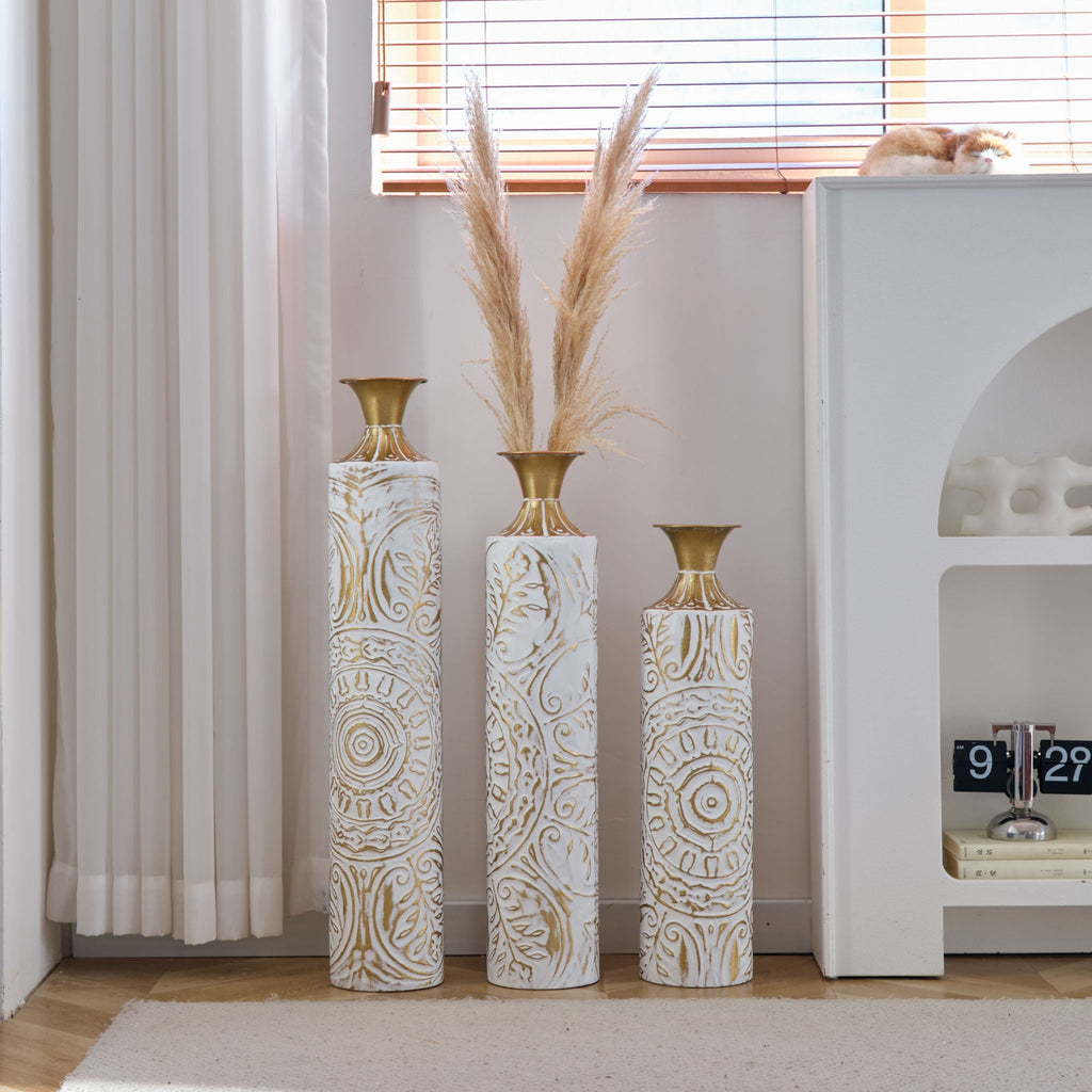 Floor Metal Vases Decorated Metal Vases (Set of 3) Gorgeous Home Decoration Large Glazed Metal Vases - White / Gold