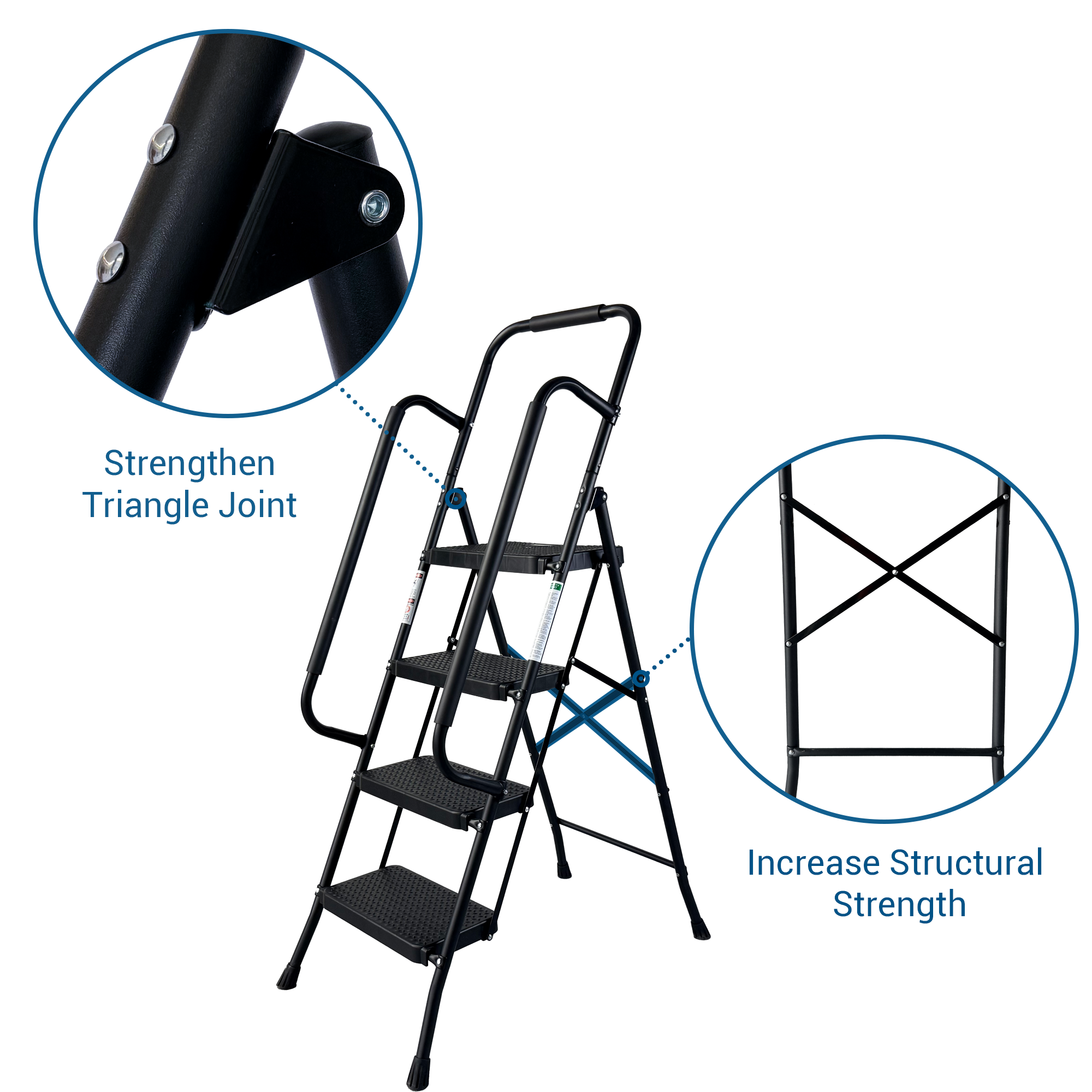 4 Step Folding Steel Ladder with Anti-Slip Pedals and Handrail