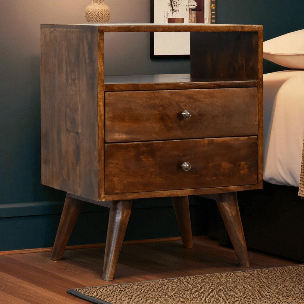 Classic Chestnut Nightstand, 2-Drawers, 1 Open-Slot, Nordic Legs