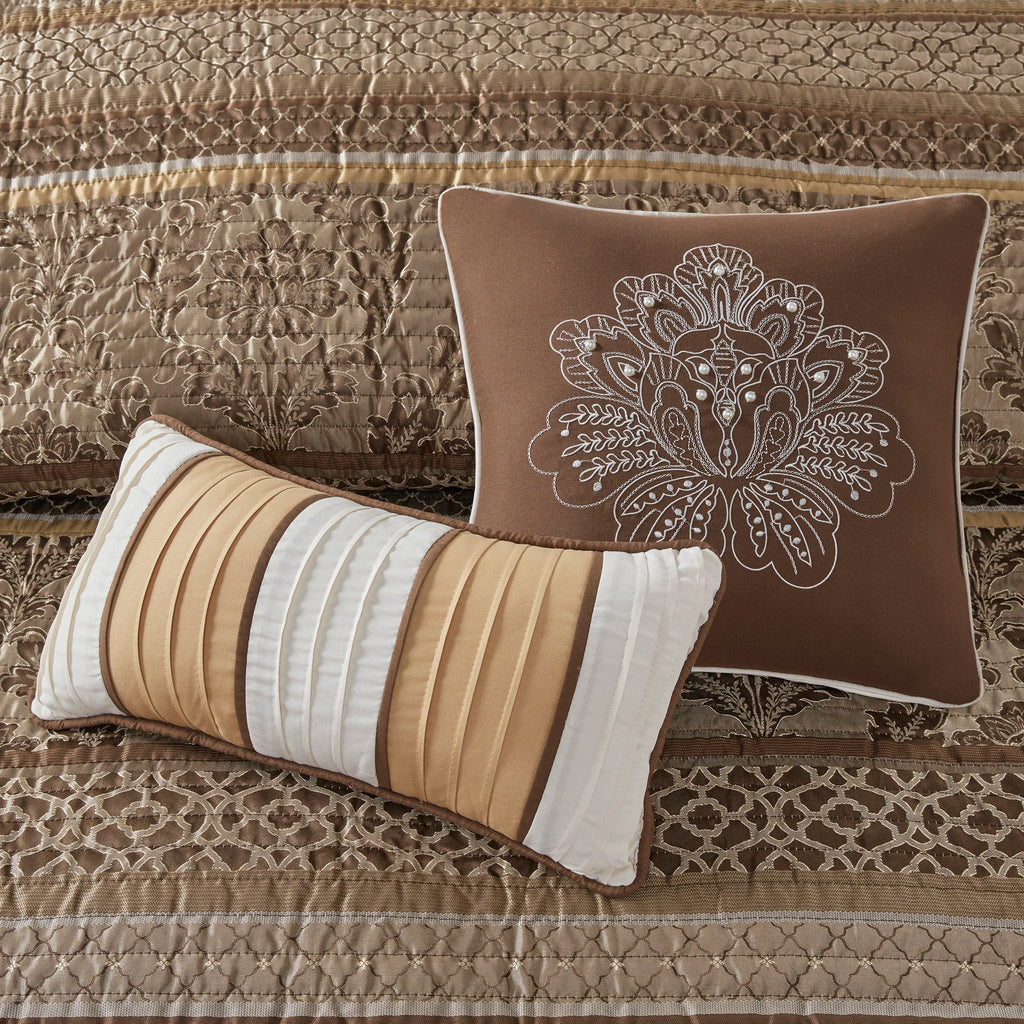 6 Piece Jacquard Quilt Set with Throw Pillows – Brown/Gold King/Cal King