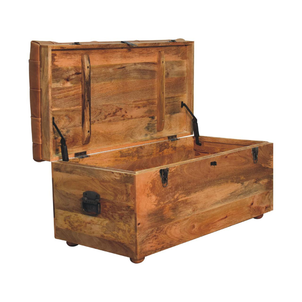 Solid Wood Buffalo Hide Oak-ish Storage Trunk, Leather Upholstered