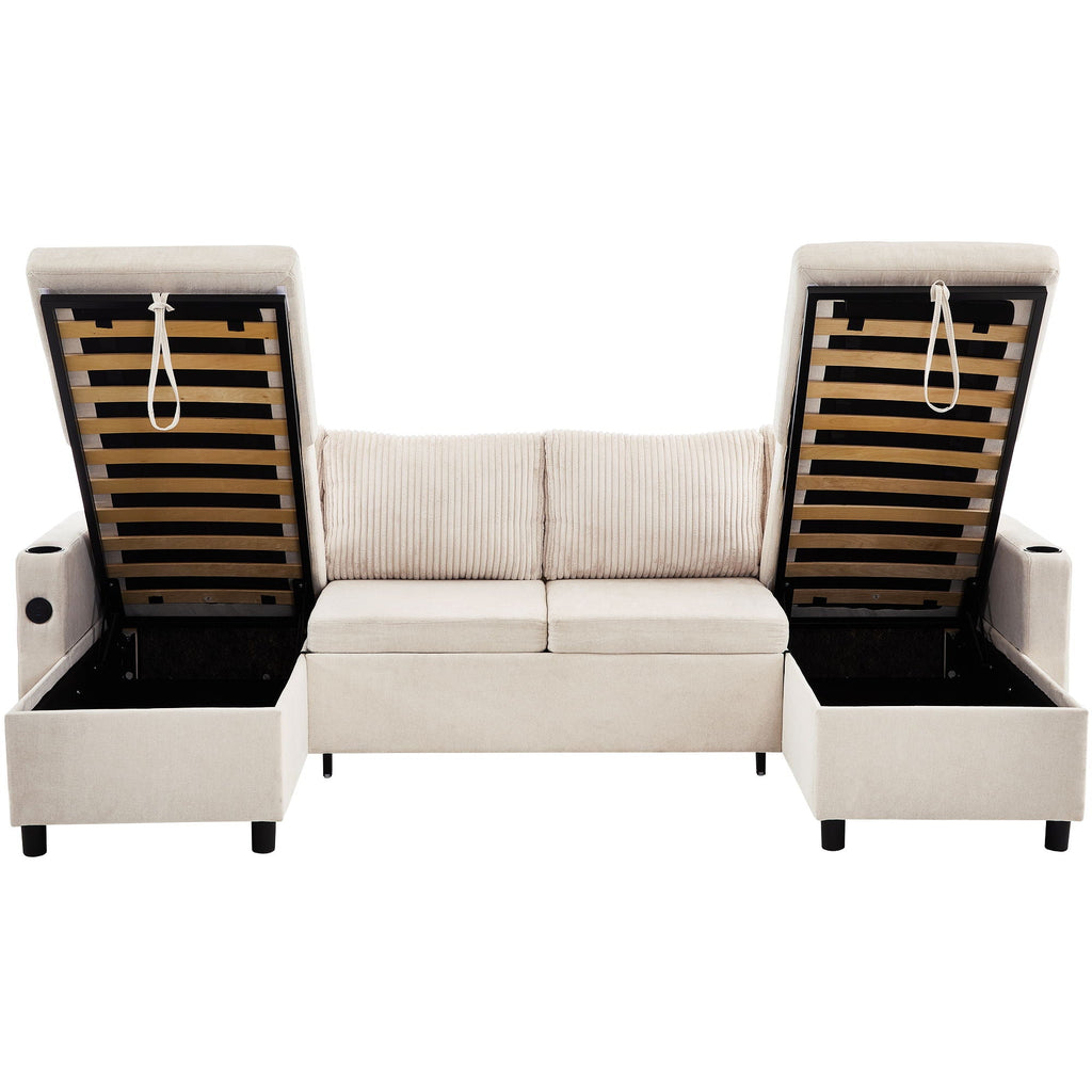 Sectional Sofa Bed With Pull Out Sleeper, USB Ports, Cup Holders