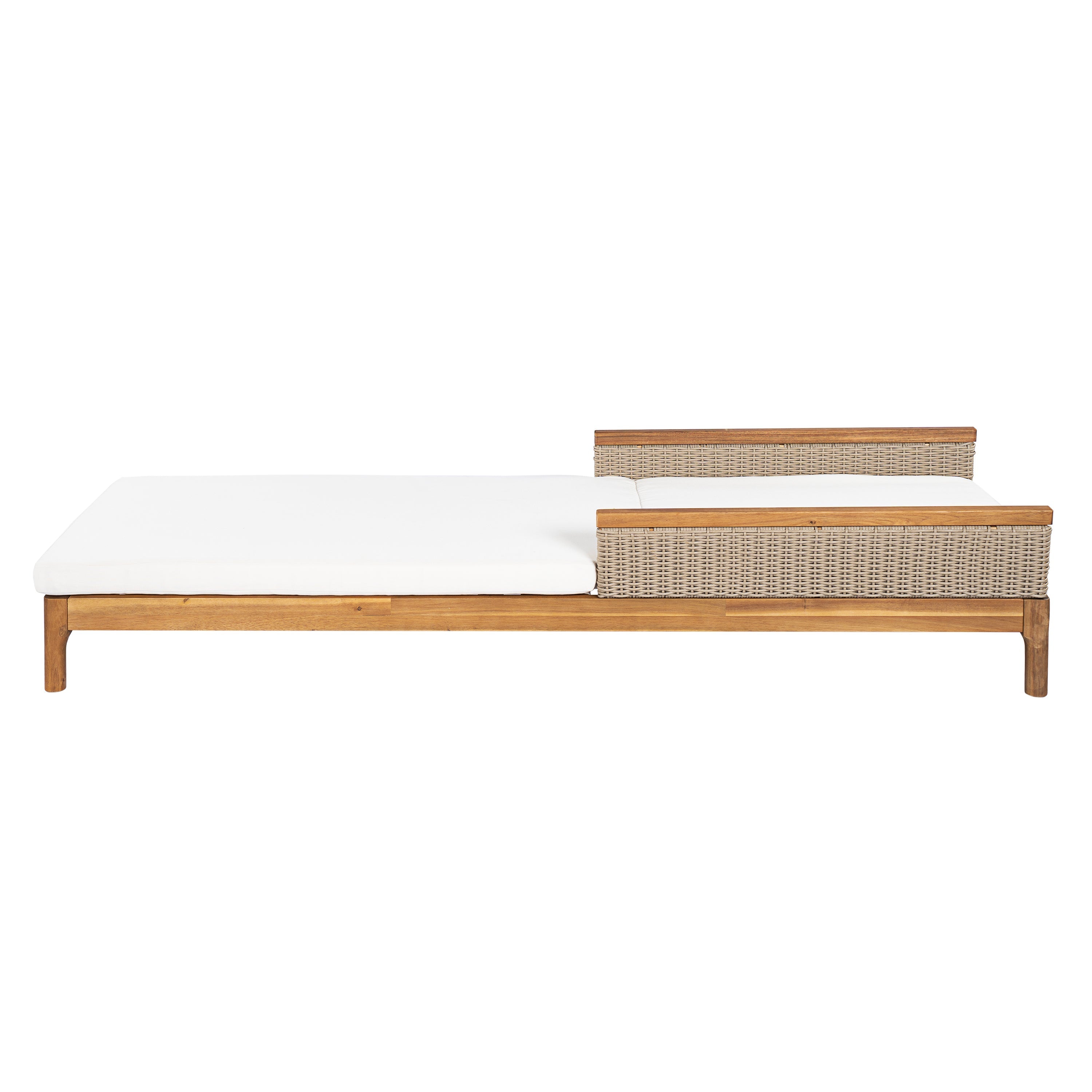 Solid Acacia Wood Sun Lounger with Beige Cushions and Light Grey Wicker