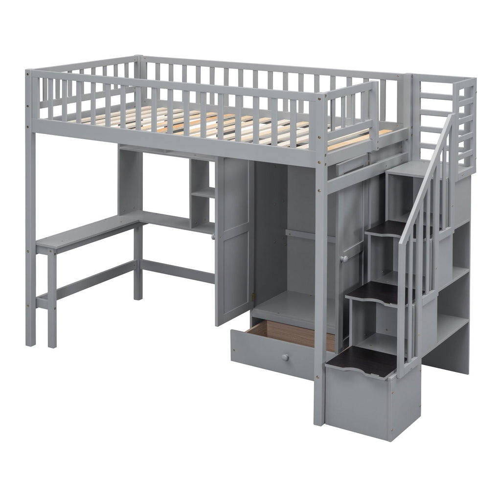 Loft Bed With Bookshelf, Drawers, Desk, And Wardrobe