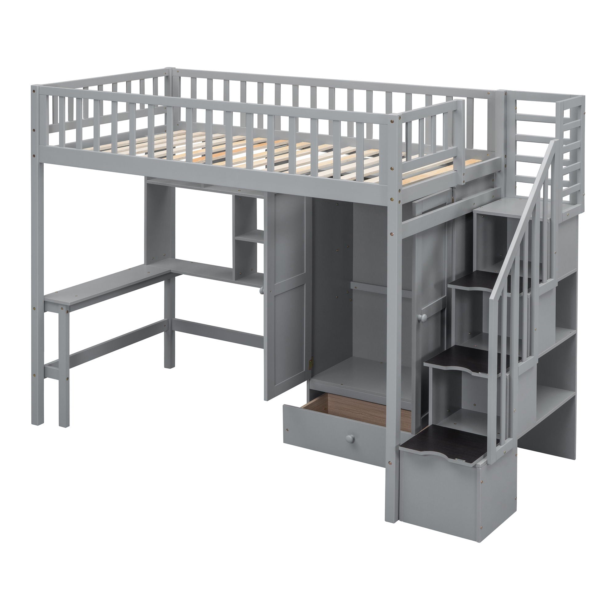 Loft Bed With Bookshelf, Drawers, Desk, And Wardrobe