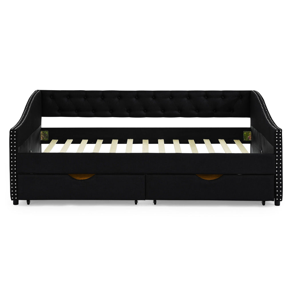 Upholstered Tufted Daybed With 2 Drawers, Waved Arms