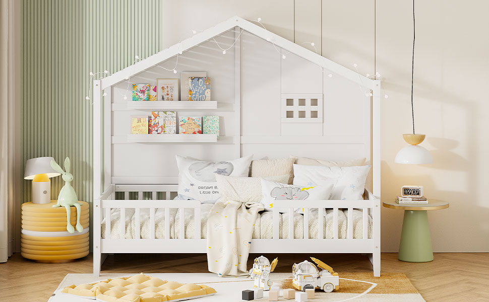 House Bed With Shelves, Window And Sparkling Light Strip On The Roof