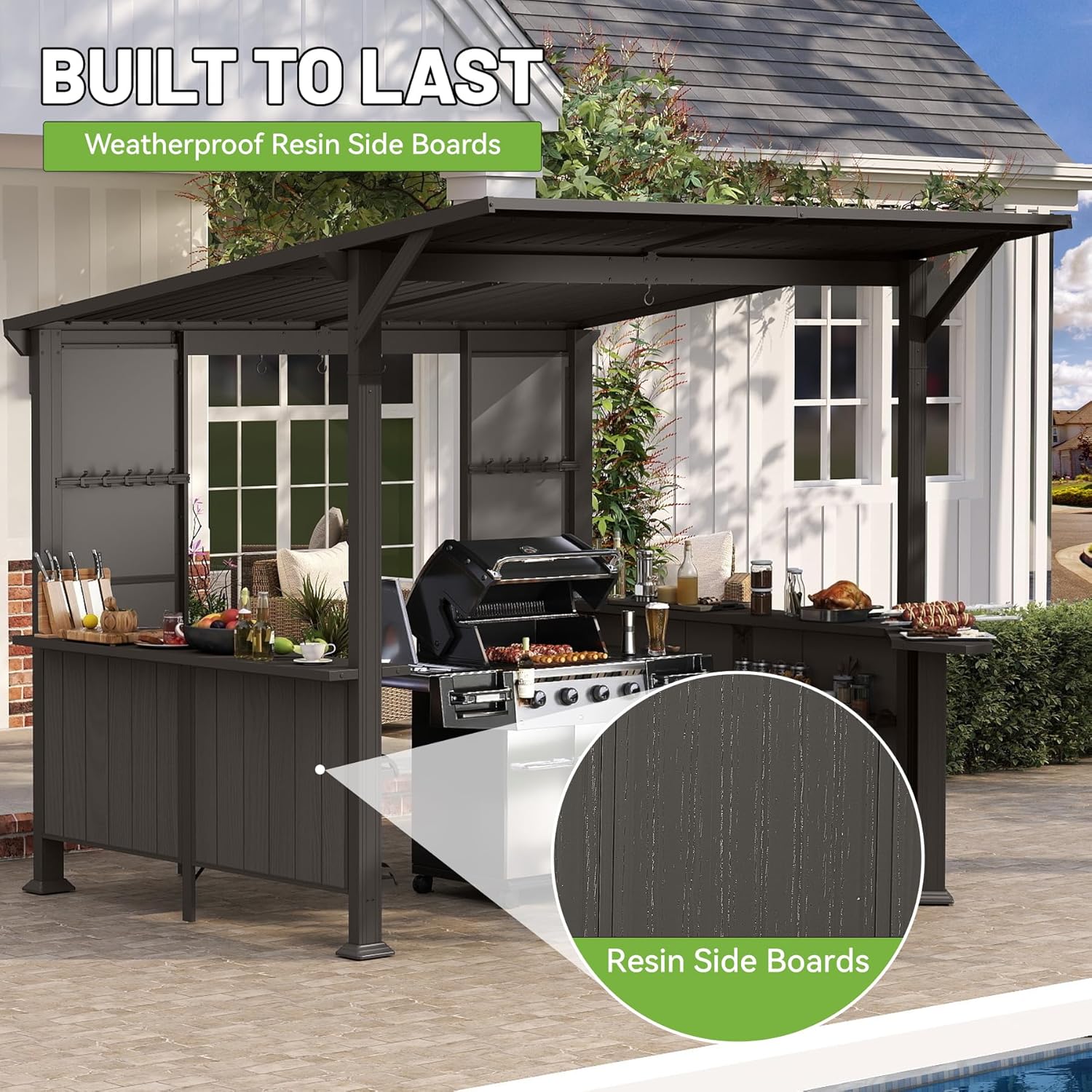 9X10FT Hardtop Grill Gazebo, Lean To Outdoor BBQ Gazebo with Storage Shelves and Expansion Platform