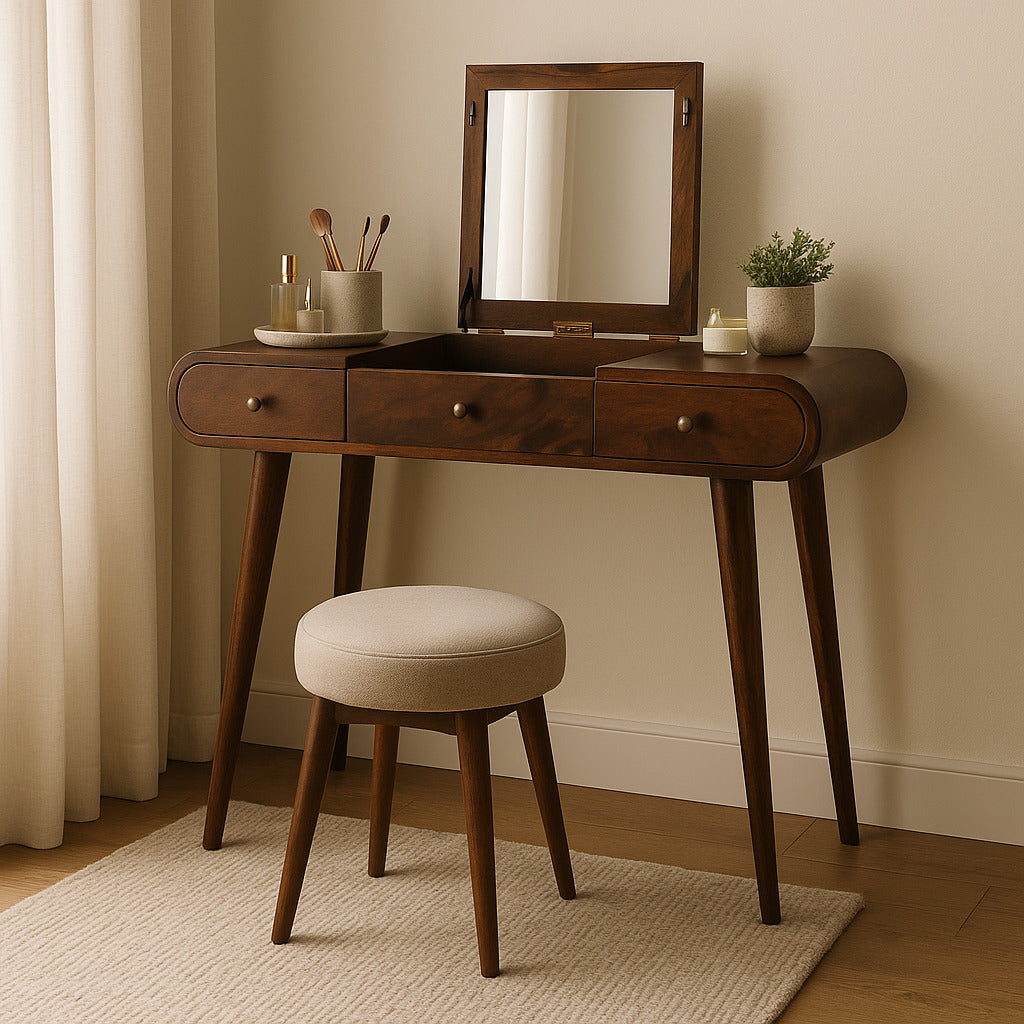 Chestnut Mirror Dressing Table, Nordic Legs, 2-Drawers, Compartments for Storage