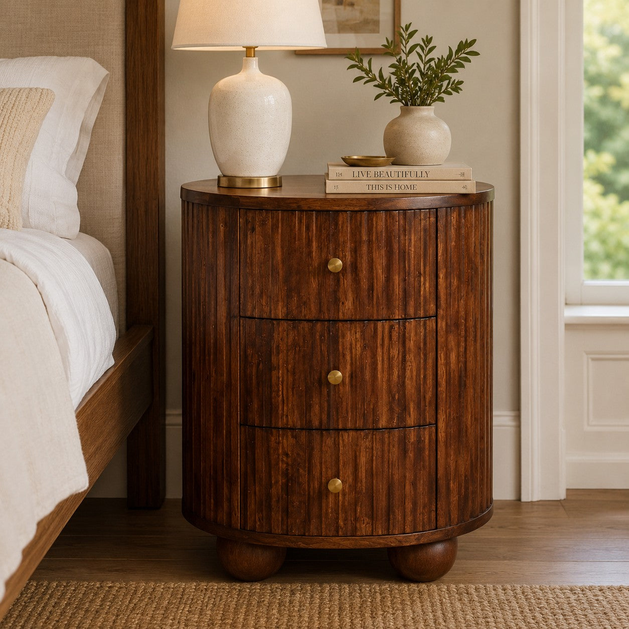 Solid Wood Curved Fluted Bedside Chest