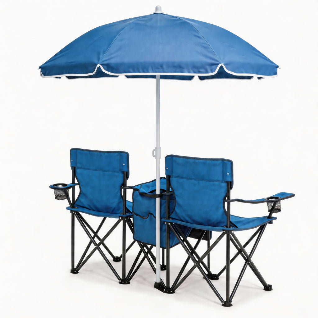 Portable Double Folding Beach Chair Set with Umbrella, 2-Person Outdoor Camping Chair with Cup Holders, Foldable Patio Chair for Picnic, Backyard, Travel