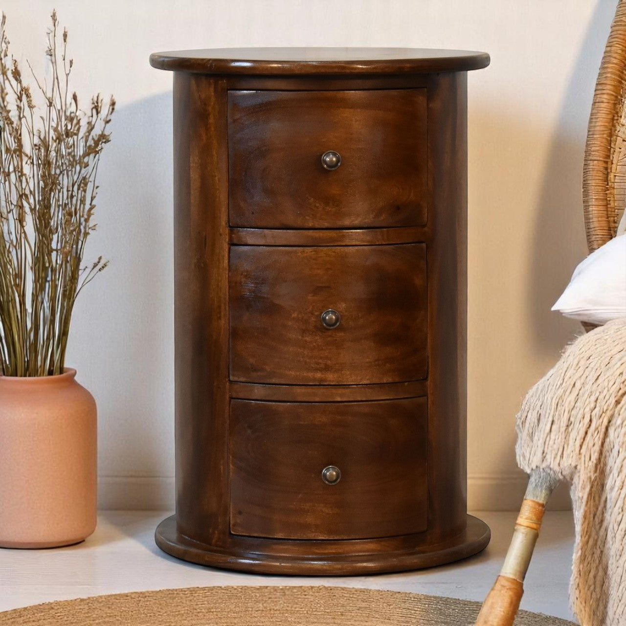 Solid Wood 3-Drawer Chestnut Drum