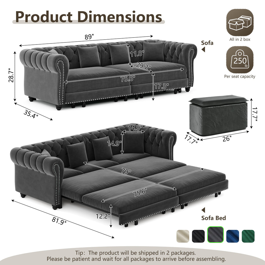 Chesterfield Sofa Bed – 3-in-1 Convertible Velvet Sofa