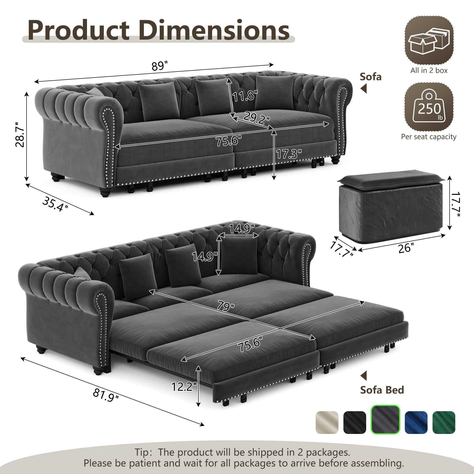 Chesterfield Sofa Bed – 3-in-1 Convertible Velvet Sofa