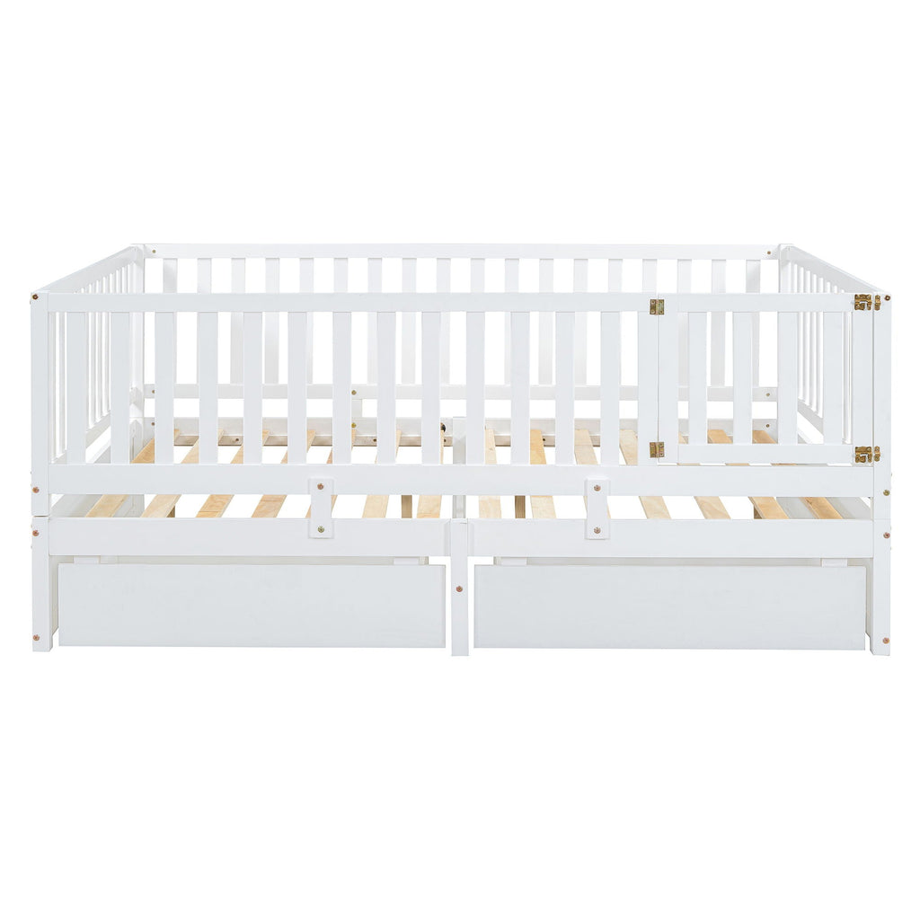 Daybed With Fence Guardrails And 2 Drawers, Split Into Independent Floor Bed & Daybed