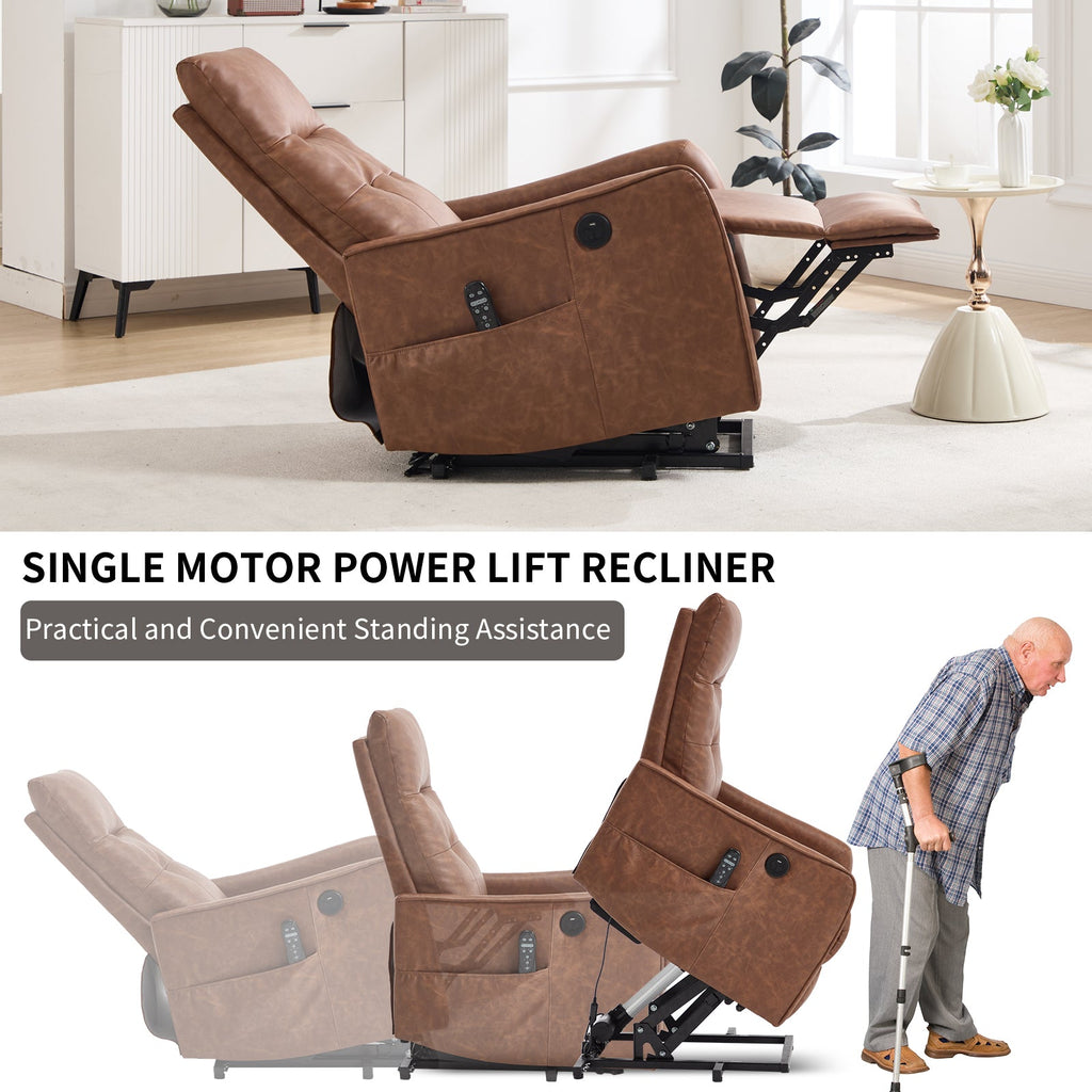 Brown PU Single Motor Power Lift Recliner Chair