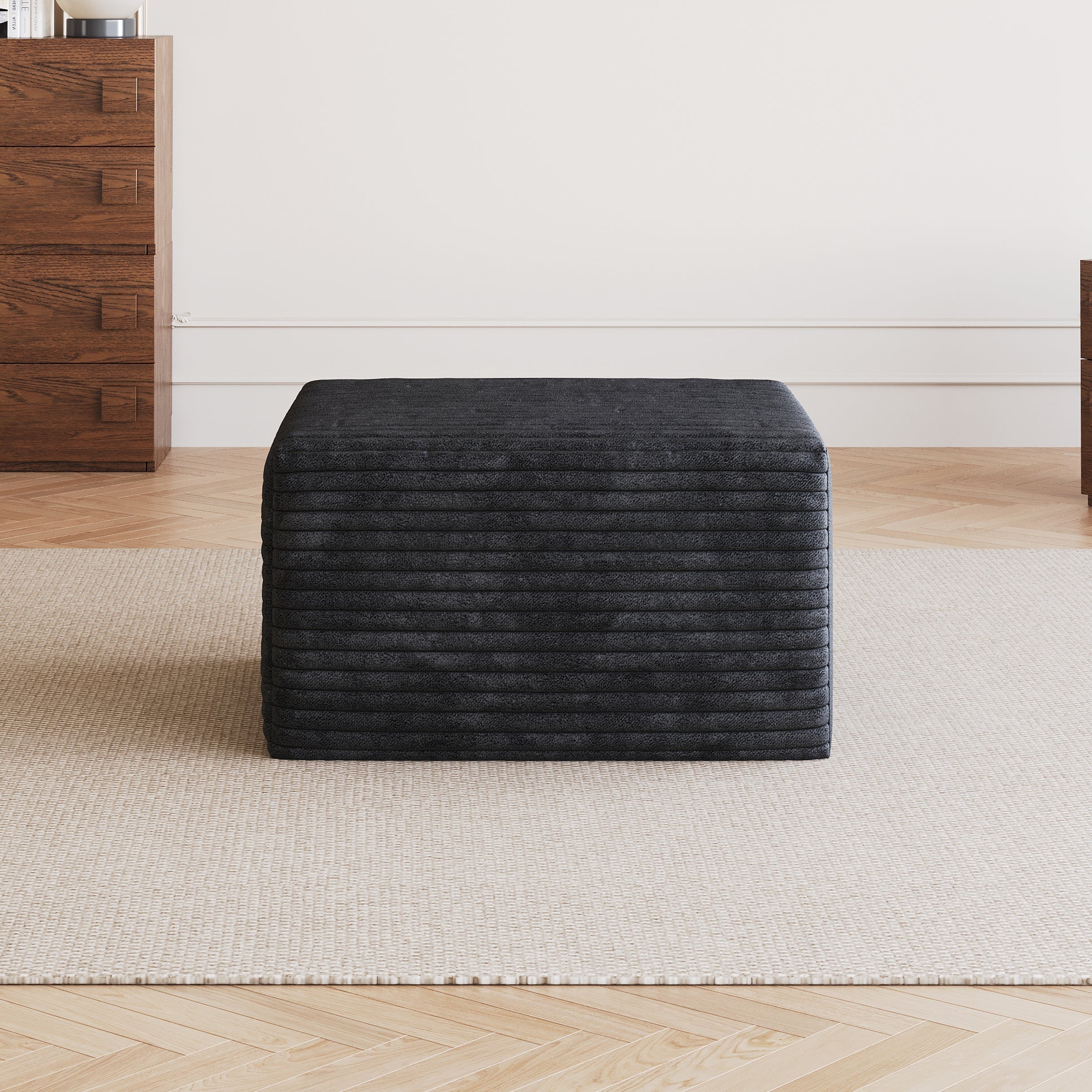 Black Plush Corduroy Sofa Ottoman - No Assembly Required