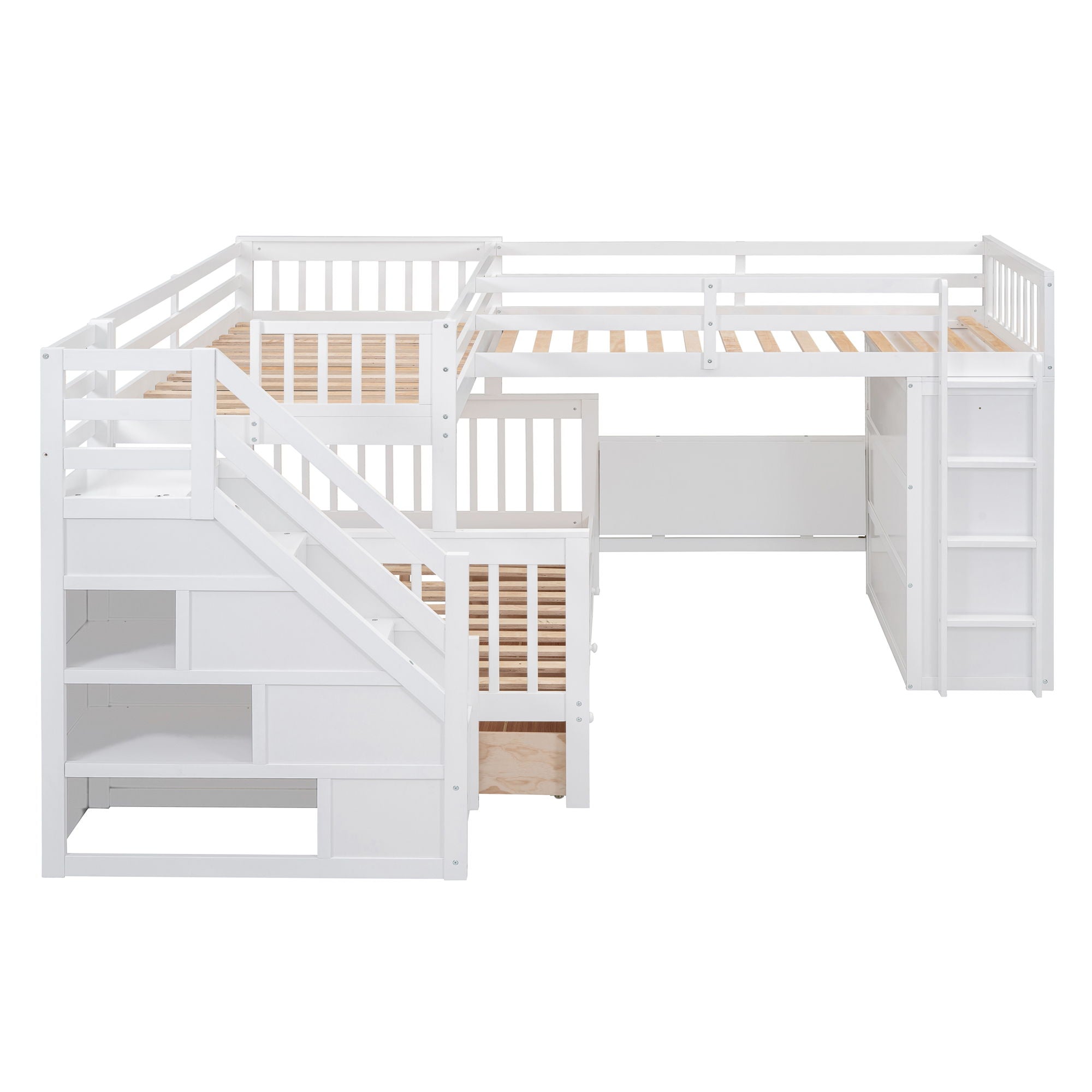 L Shaped Bunk Bed With 3 Drawers, Portable Desk And Wardrobe