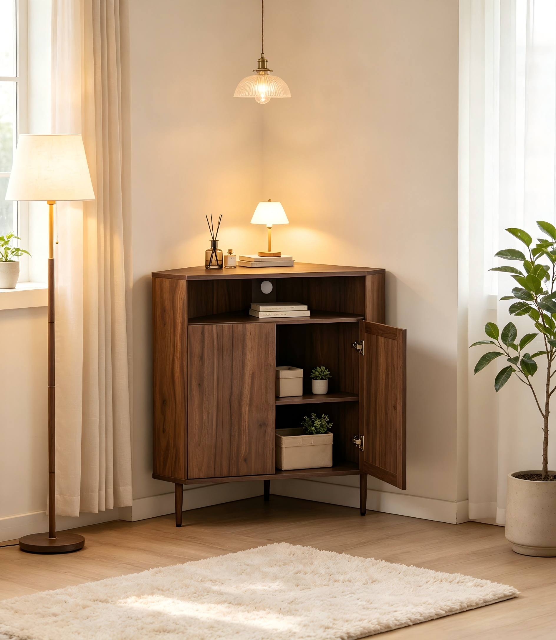 Modern Narrow Wooden Corner Storage Cabinet