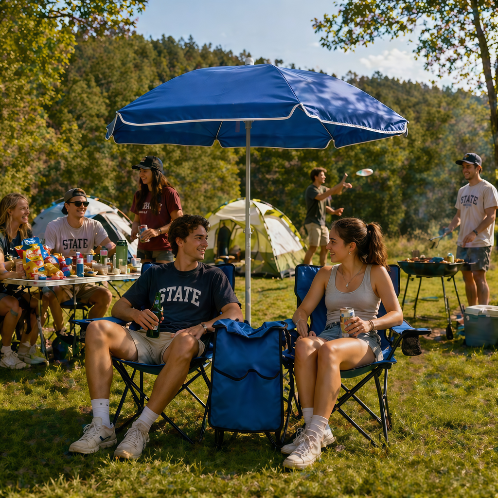 Portable Double Folding Beach Chair Set with Umbrella, 2-Person Outdoor Camping Chair with Cup Holders, Foldable Patio Chair for Picnic, Backyard, Travel