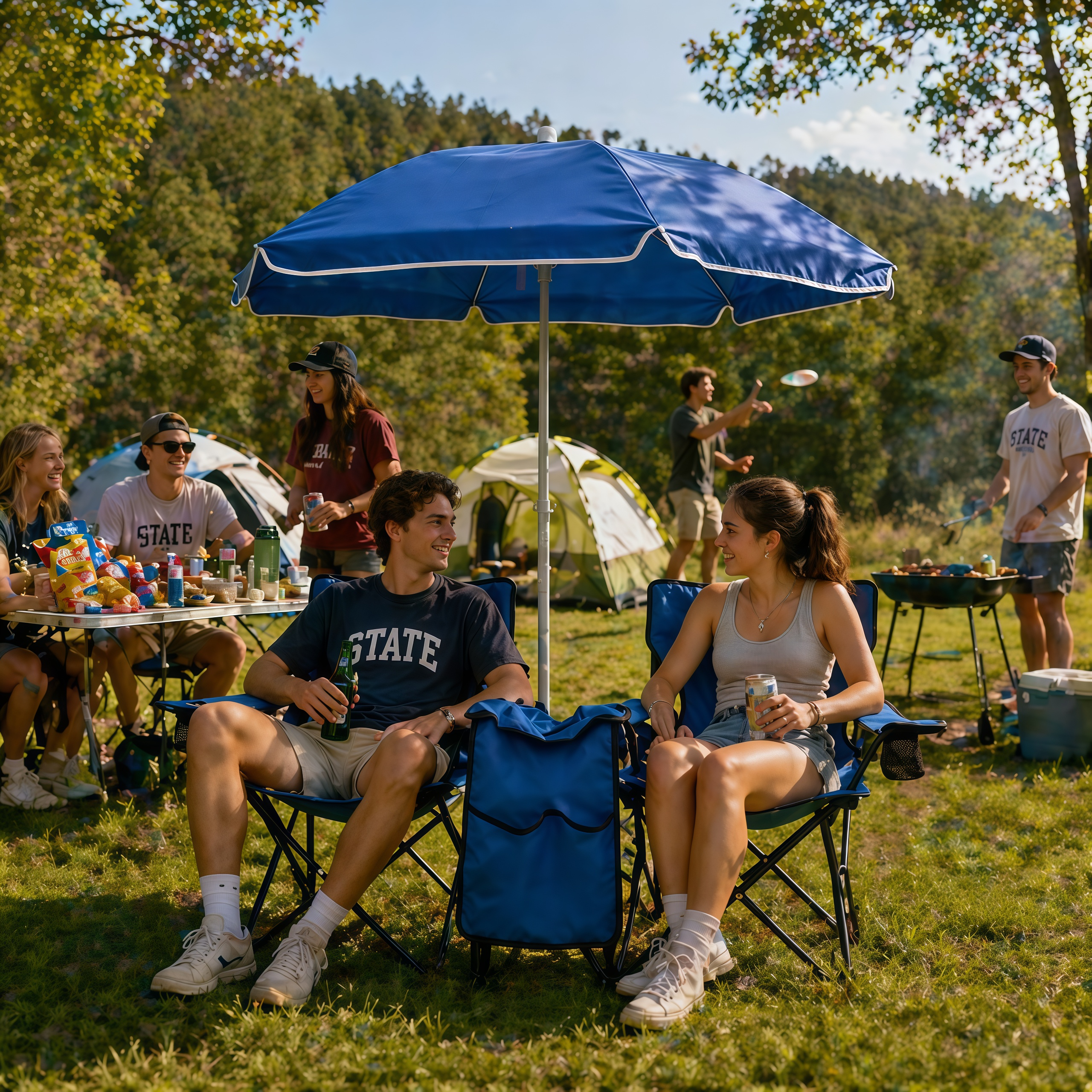 Portable Double Folding Beach Chair Set with Umbrella, 2-Person Outdoor Camping Chair with Cup Holders, Foldable Patio Chair for Picnic, Backyard, Travel