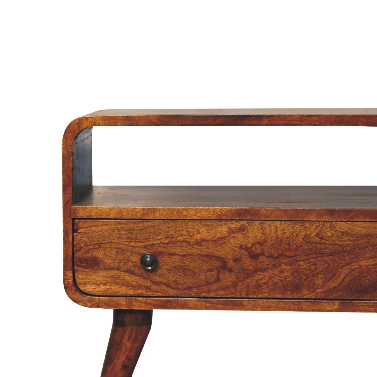 Solid Wood Mini Curved Media Unit, Chestnut, 1-Drawer, 1 Open Slot