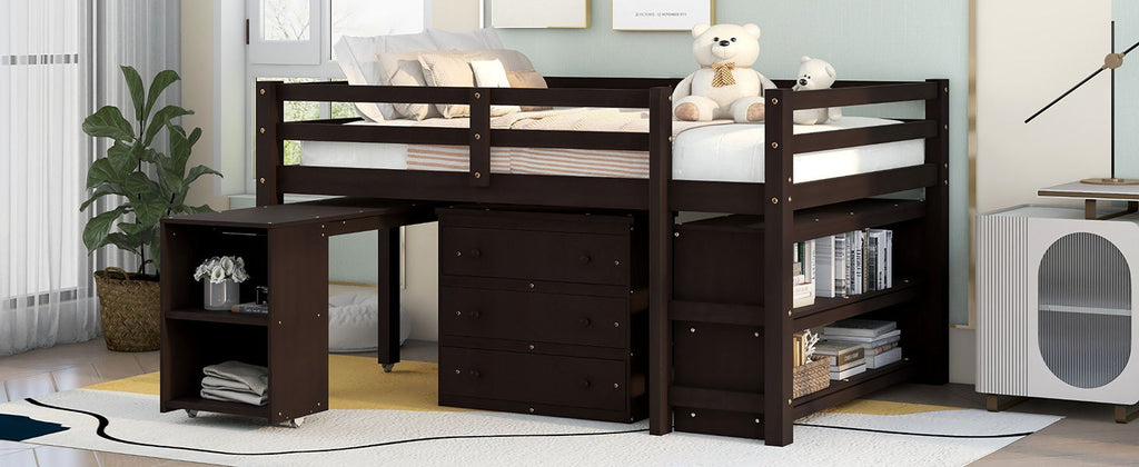 Loft Low Study Bed With Cabinet, Shelves And Rolling Portable Desk, Multiple Functions