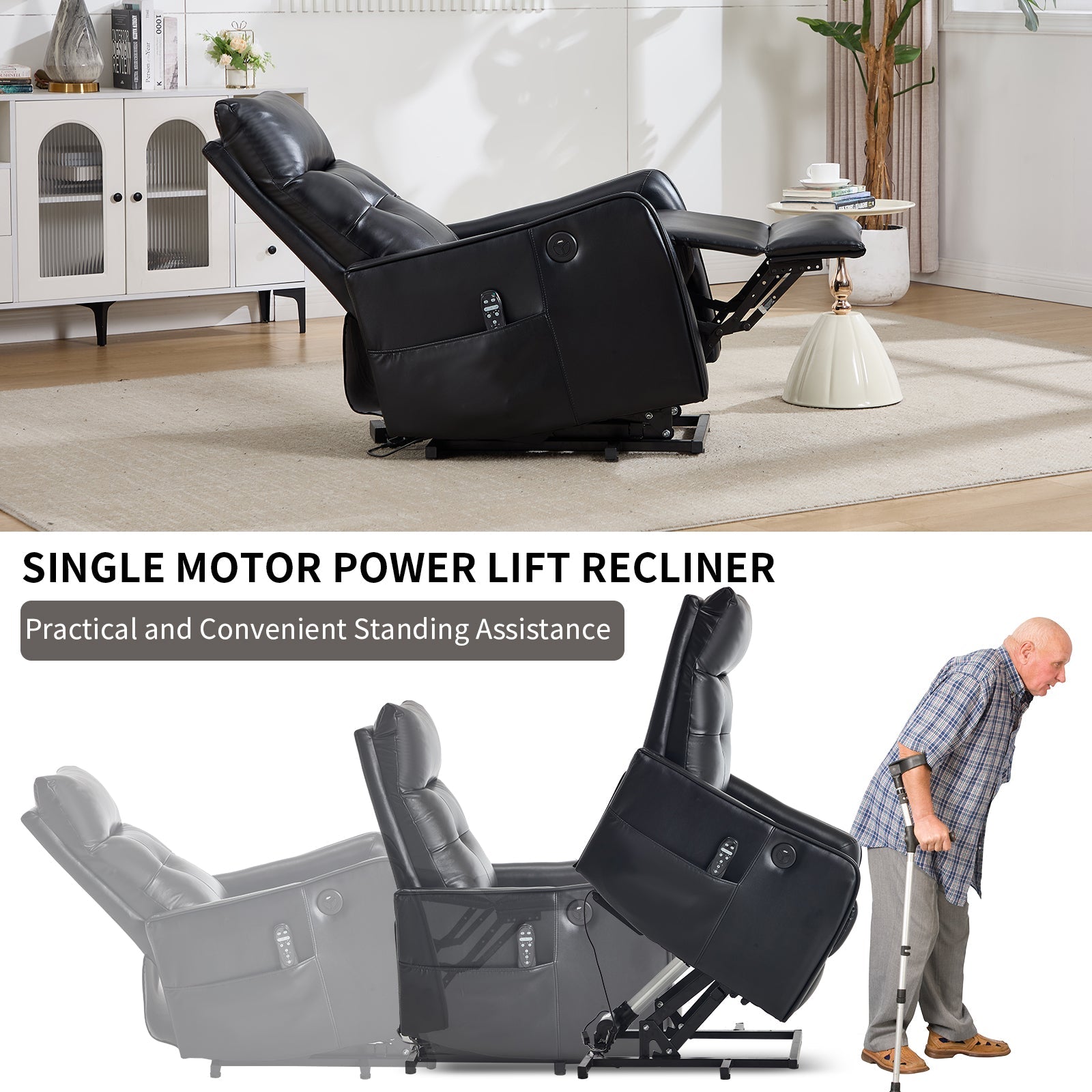 Black PU Single Motor Power Lift Recliner Chair