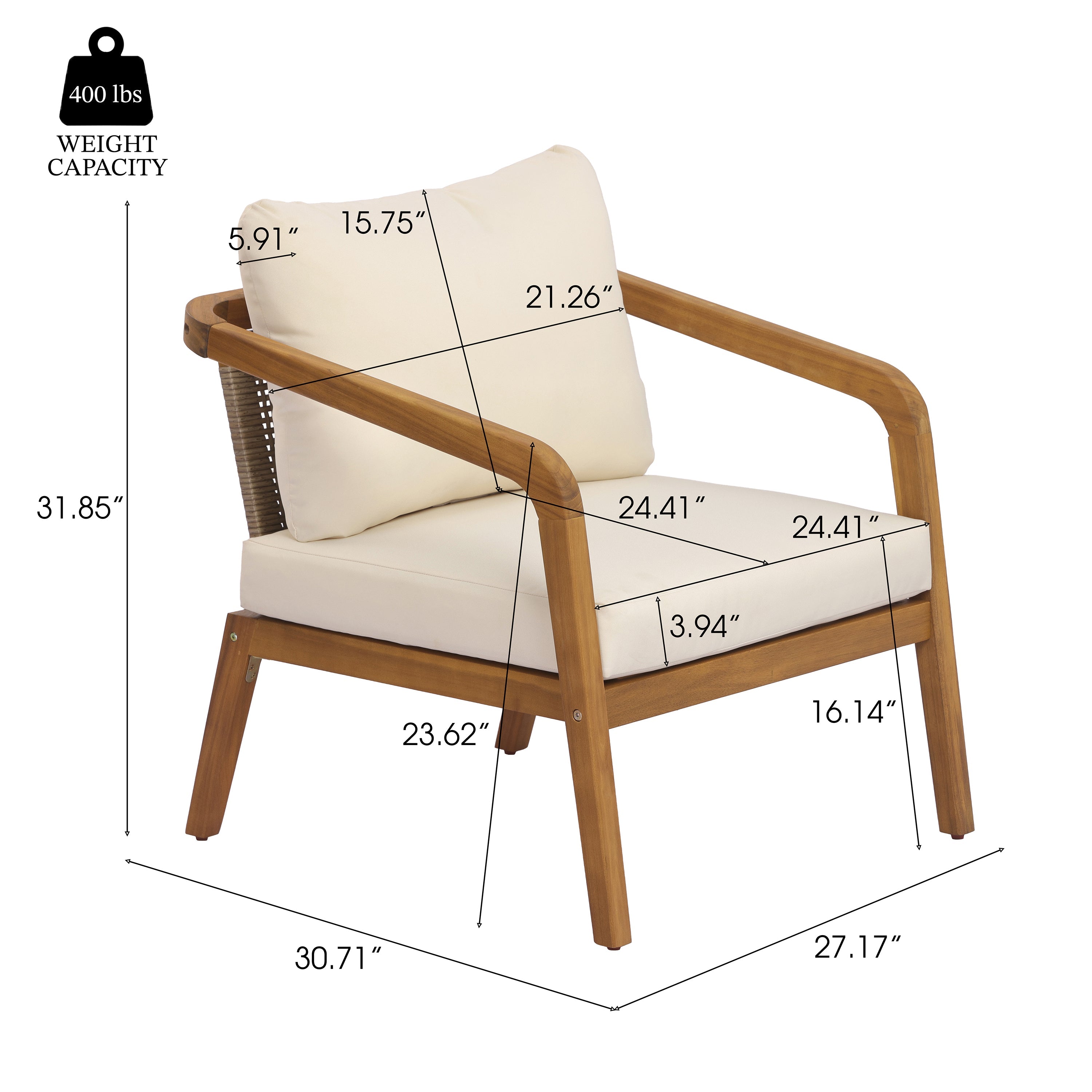Acacia Wood Outdoor Patio Club Chair with PE Wicker Backrest & Cushions (Set of 2)