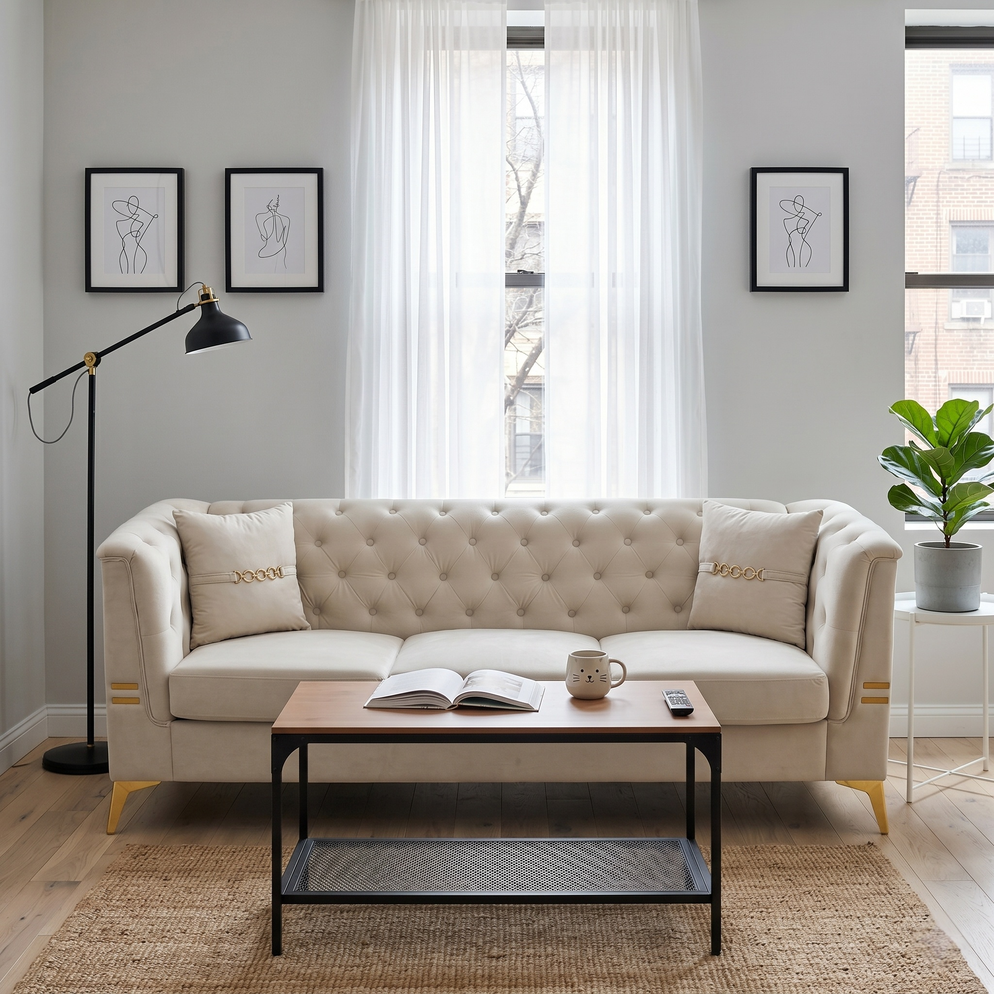 Contemporary Velvet Sofa With 2 Pillows