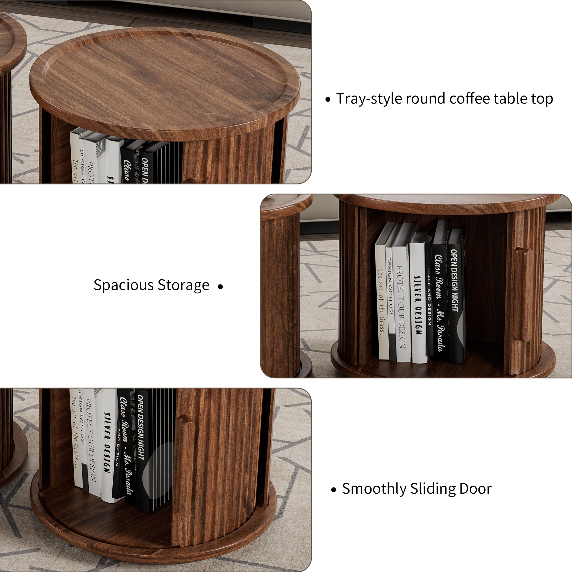 2Piece Round Coffee Table Set, Modern Nesting Side Tables with Sliding Door Storage