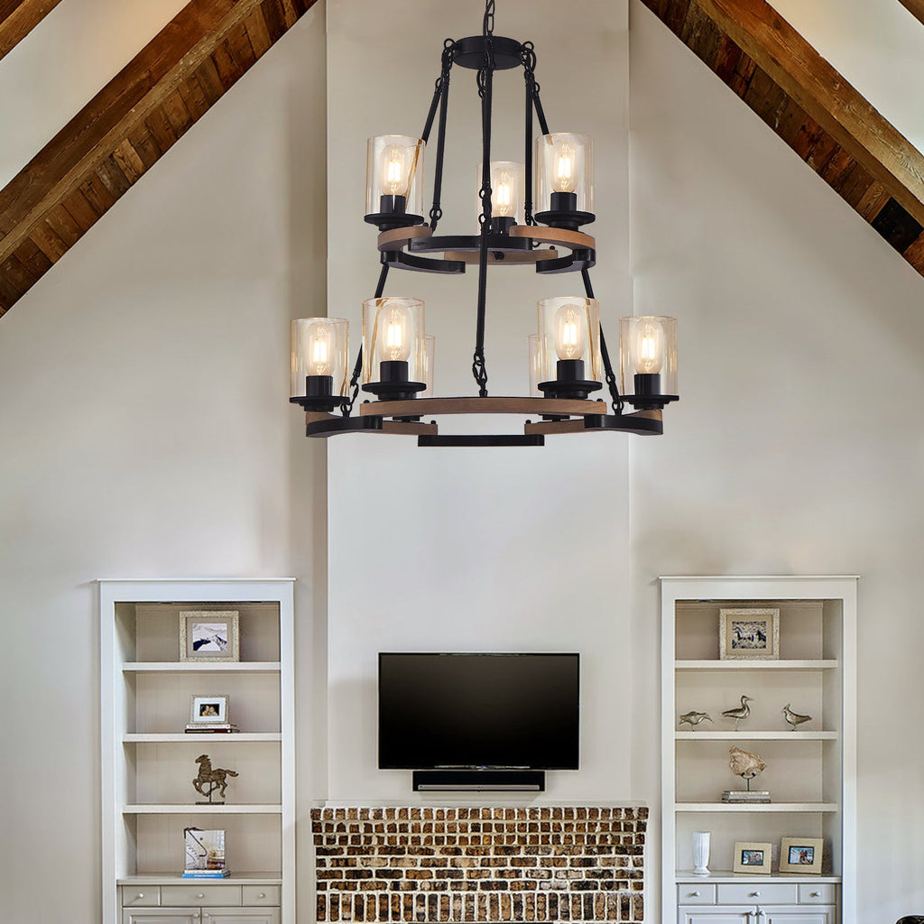 9-Light Vintage Wagon Wheel Chandelier