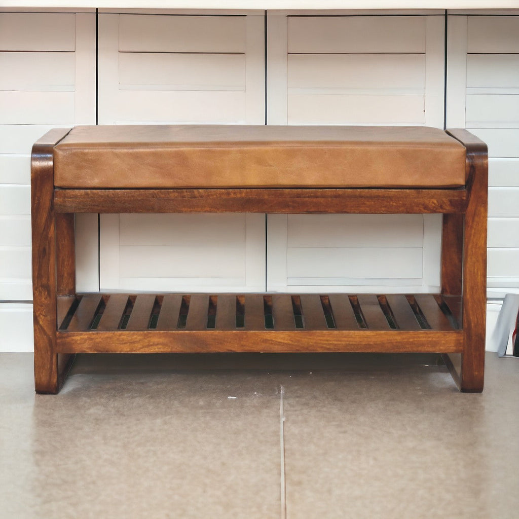 Solid Wood Small Buffalo Slatted Bench, Leather Upholstered, Open Storage