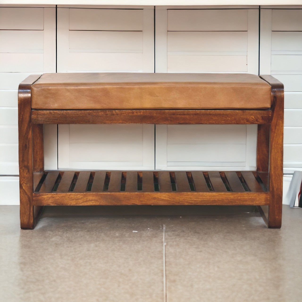 Solid Wood Small Buffalo Slatted Bench, Leather Upholstered, Open Storage