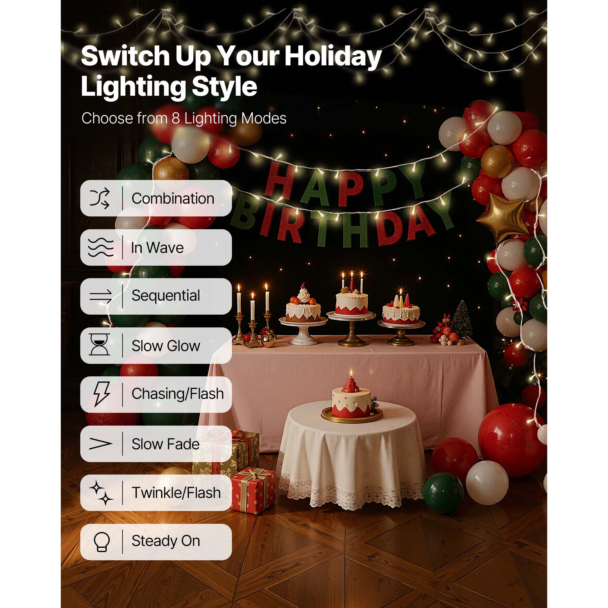LED Christmas String Lights, 200 LED, 76 Ft Connectable Warm