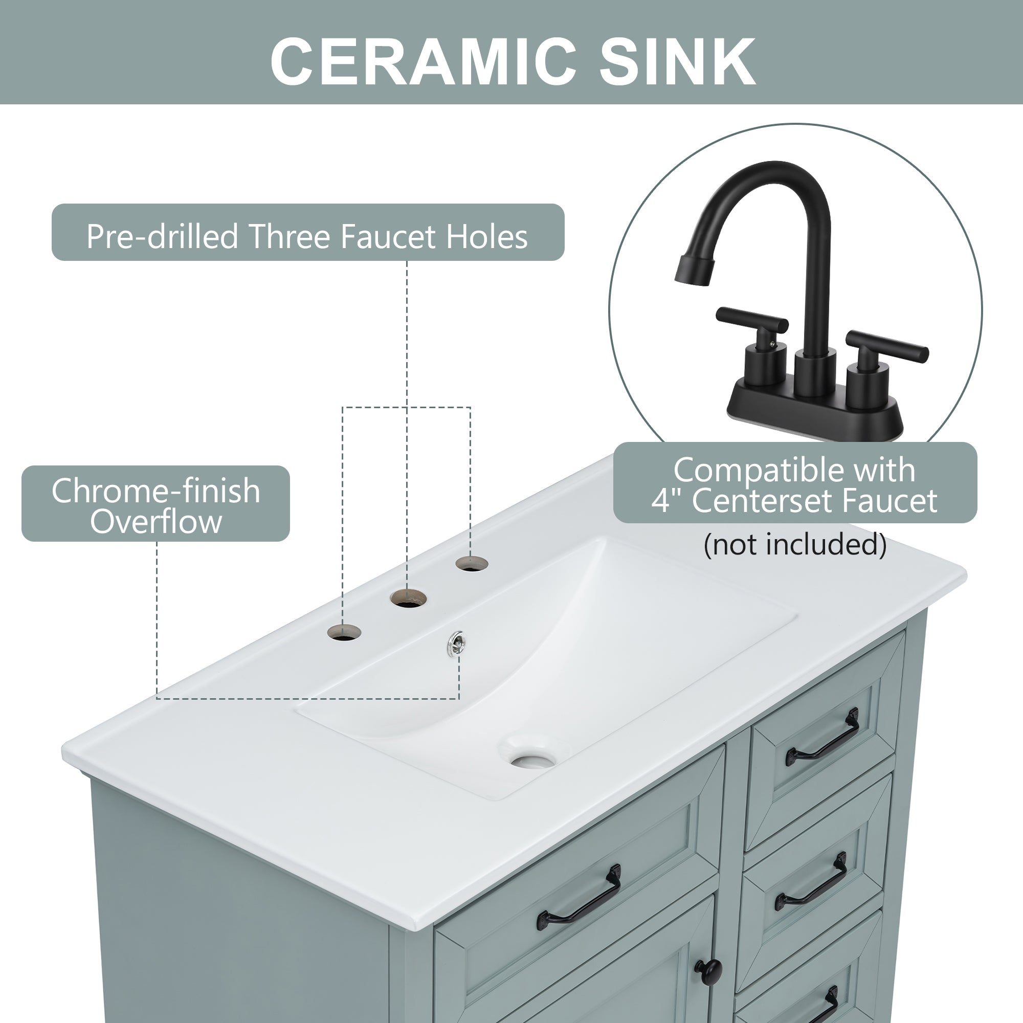 36" Bathroom Vanity with Ceramic Sink and Storage