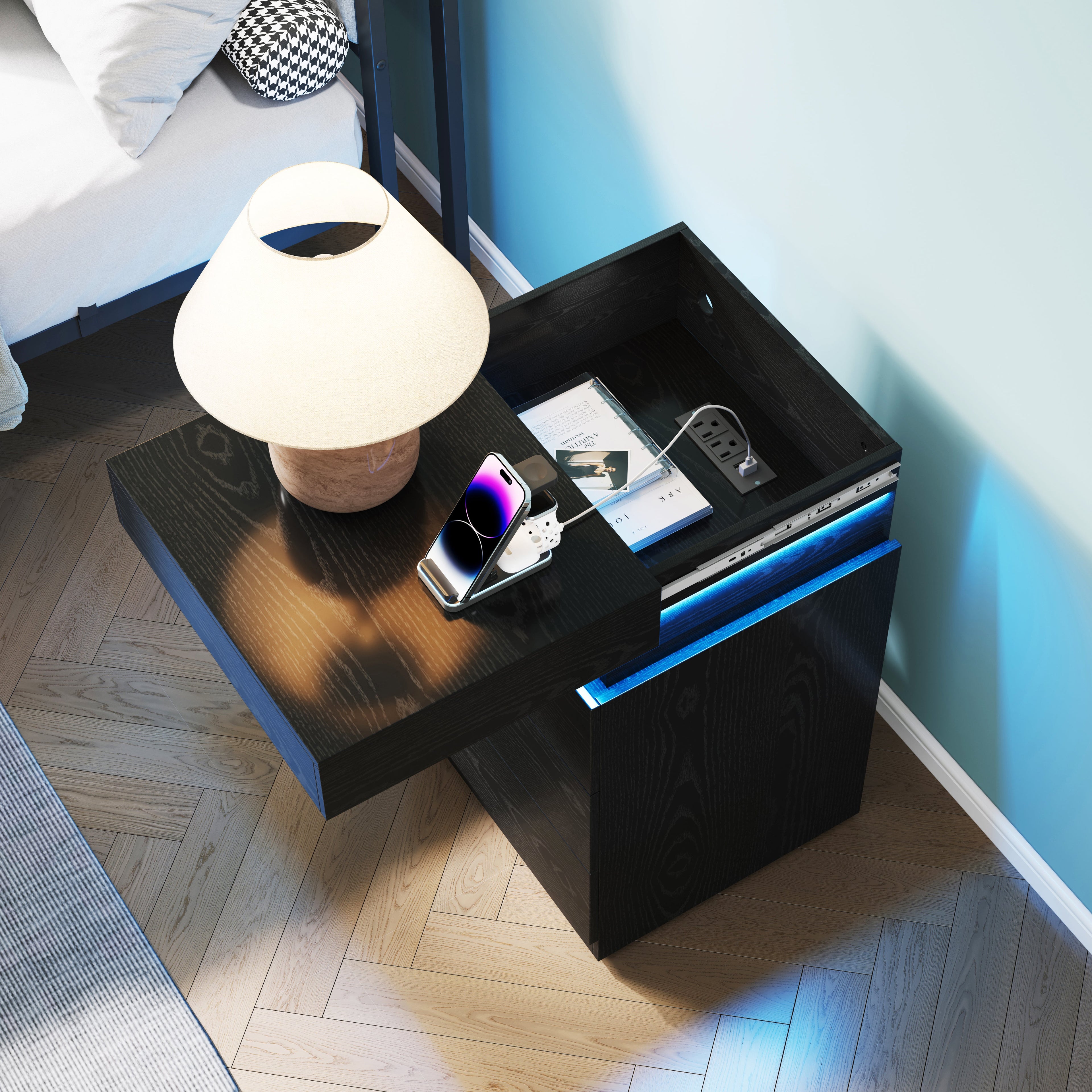 Nightstand with Built-In Charging Station and LED Lighting