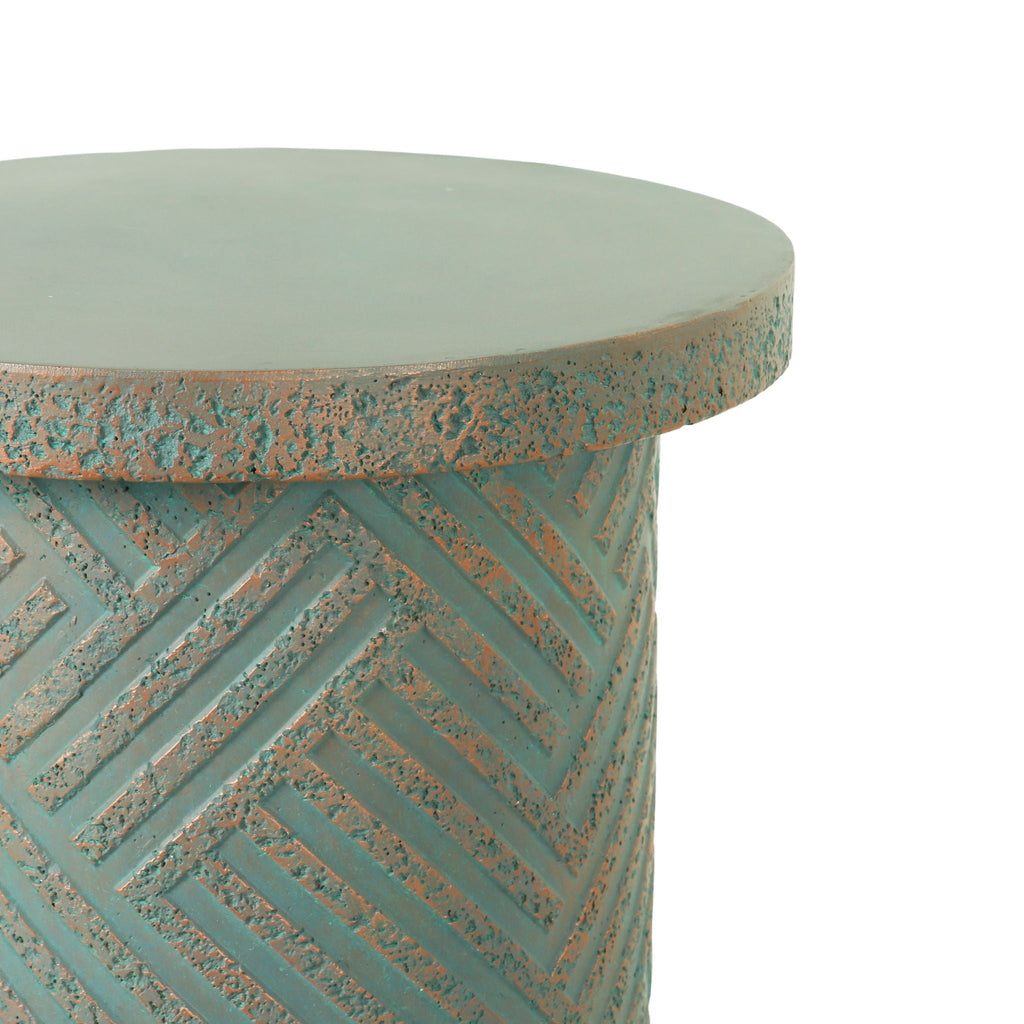 Round Outdoor End Table With Tree Stump Design For Patio - Golden / Green / Peacock