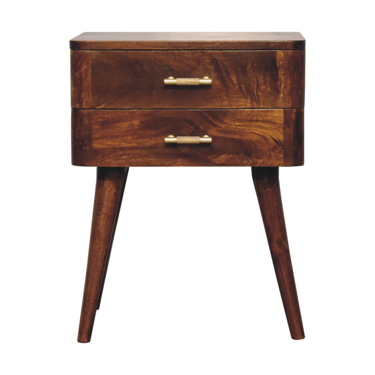 Solid Wood Chestnut T-Bar Nightstand, 2-Drawers, Nordic Legs