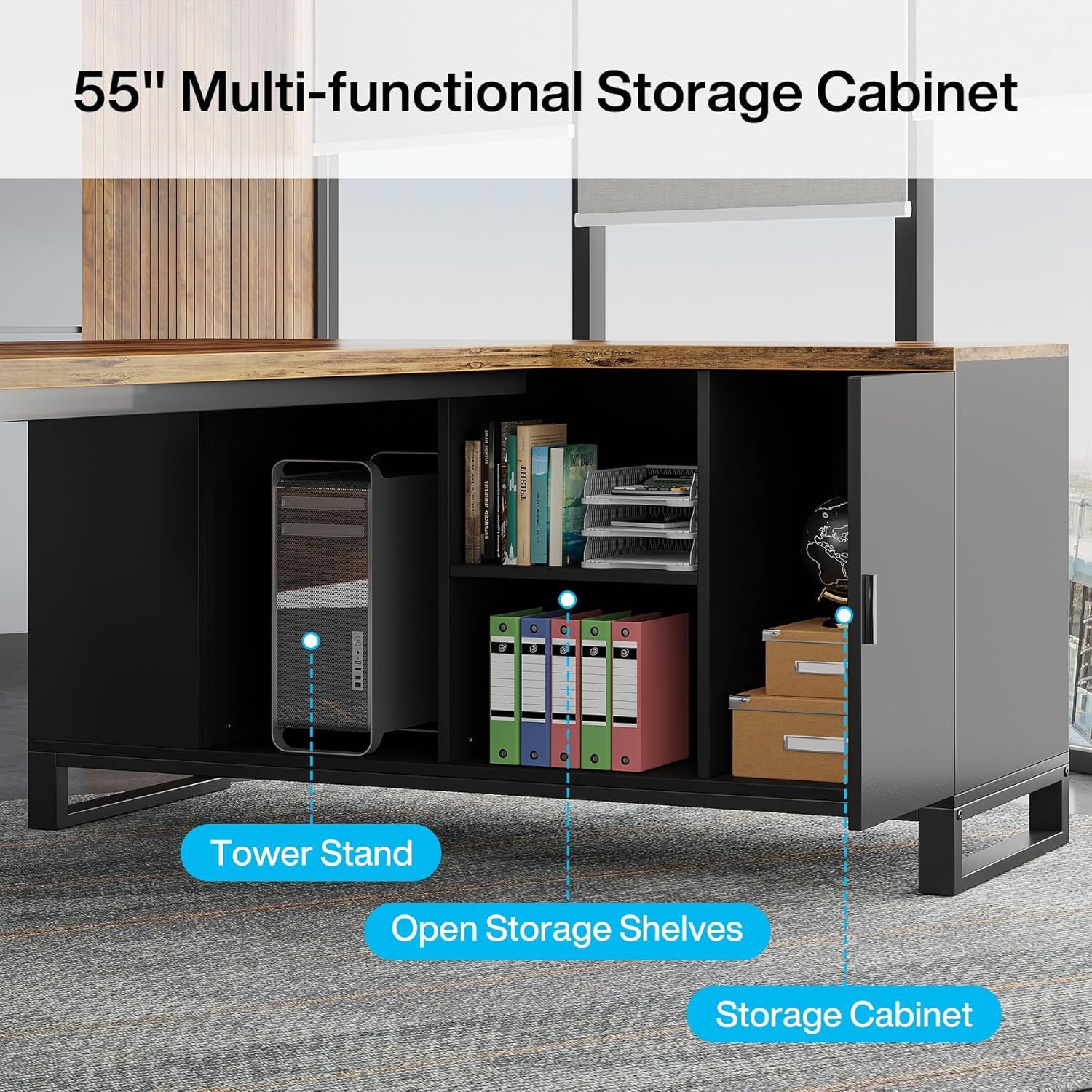 L-Shaped Executive Desk With File Cabinet, Computer Workstation With Storage