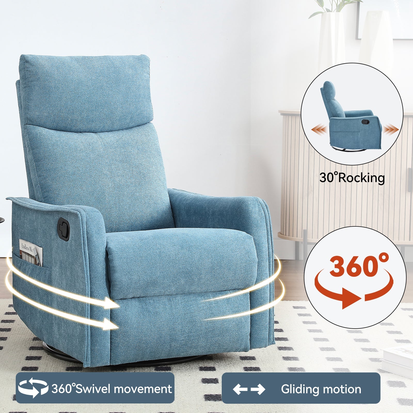 Heat Massage Manual Recliner Chair with Rocker and Swivel in Fabric for Living Room