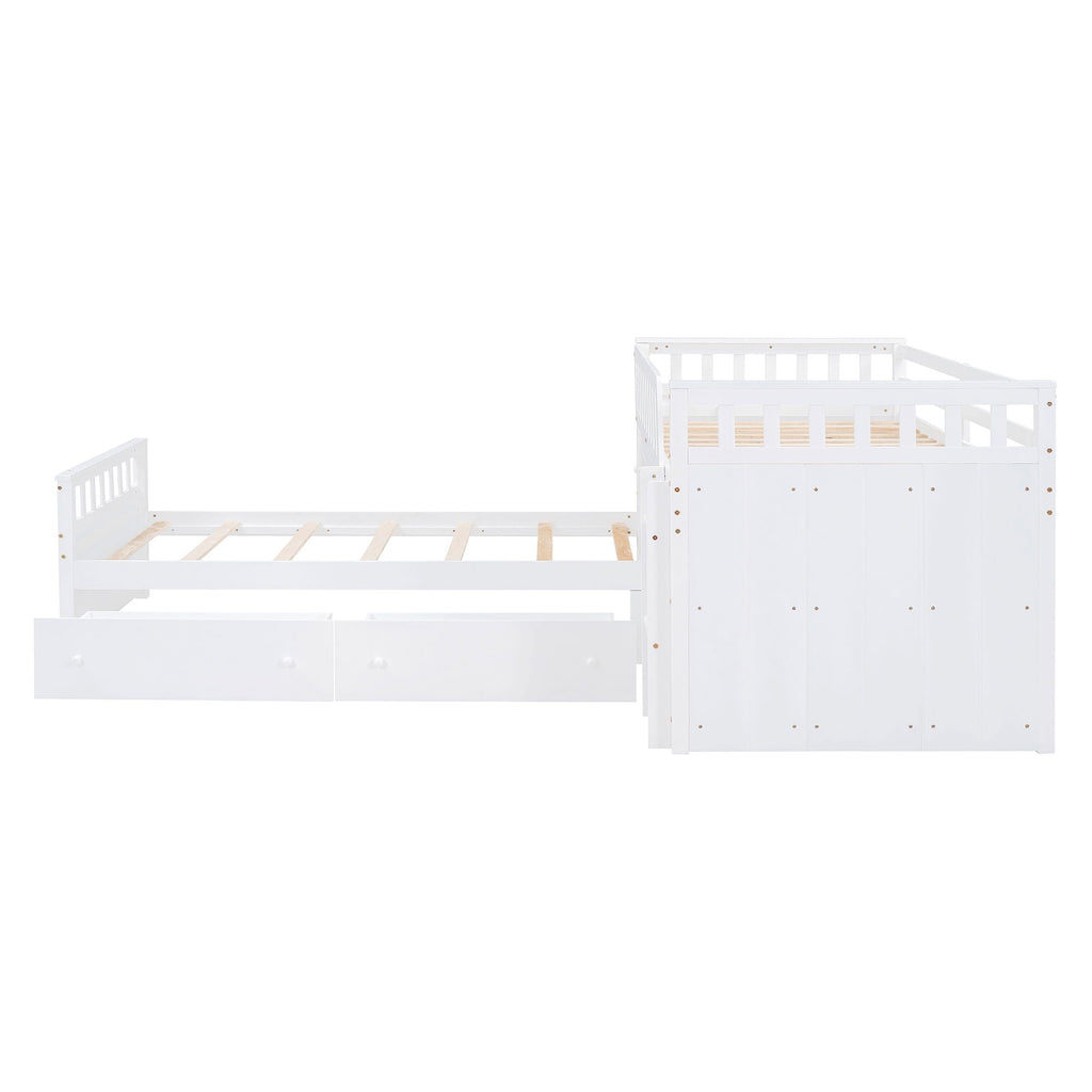 Loft Platform Bed With 7 Drawers And Full Guardrails, Modern L Shaped Space Savin