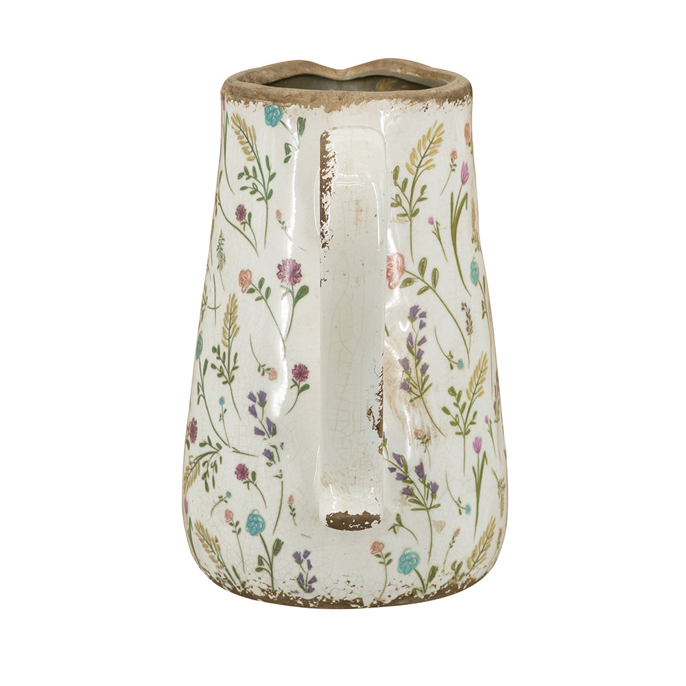 8.1x5.7x9.1" Round Ceramic Pitcher Vase with Multi-Colored Floral Motifs