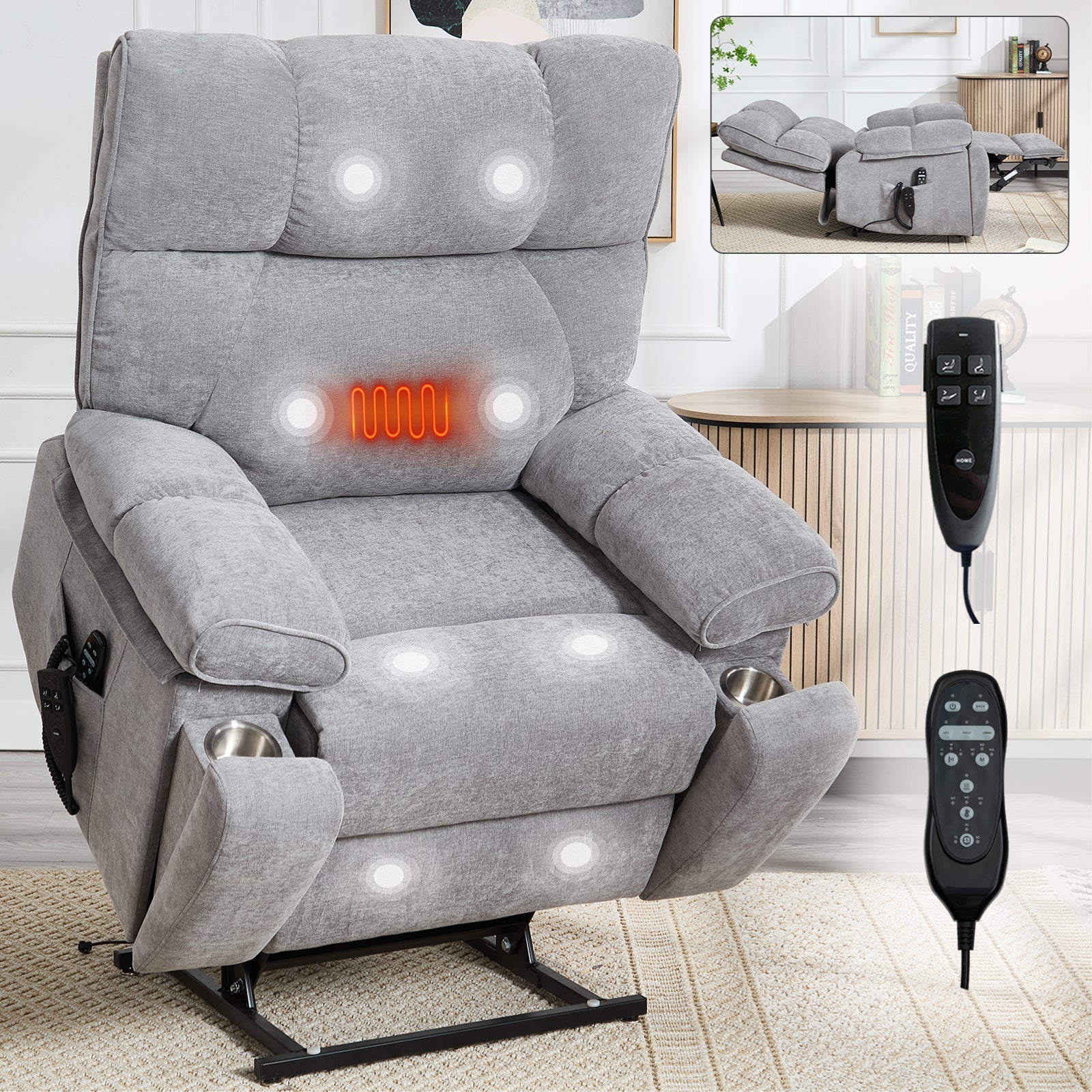Grey Heat Massage Dual Motor Electric Power Lift Recliner