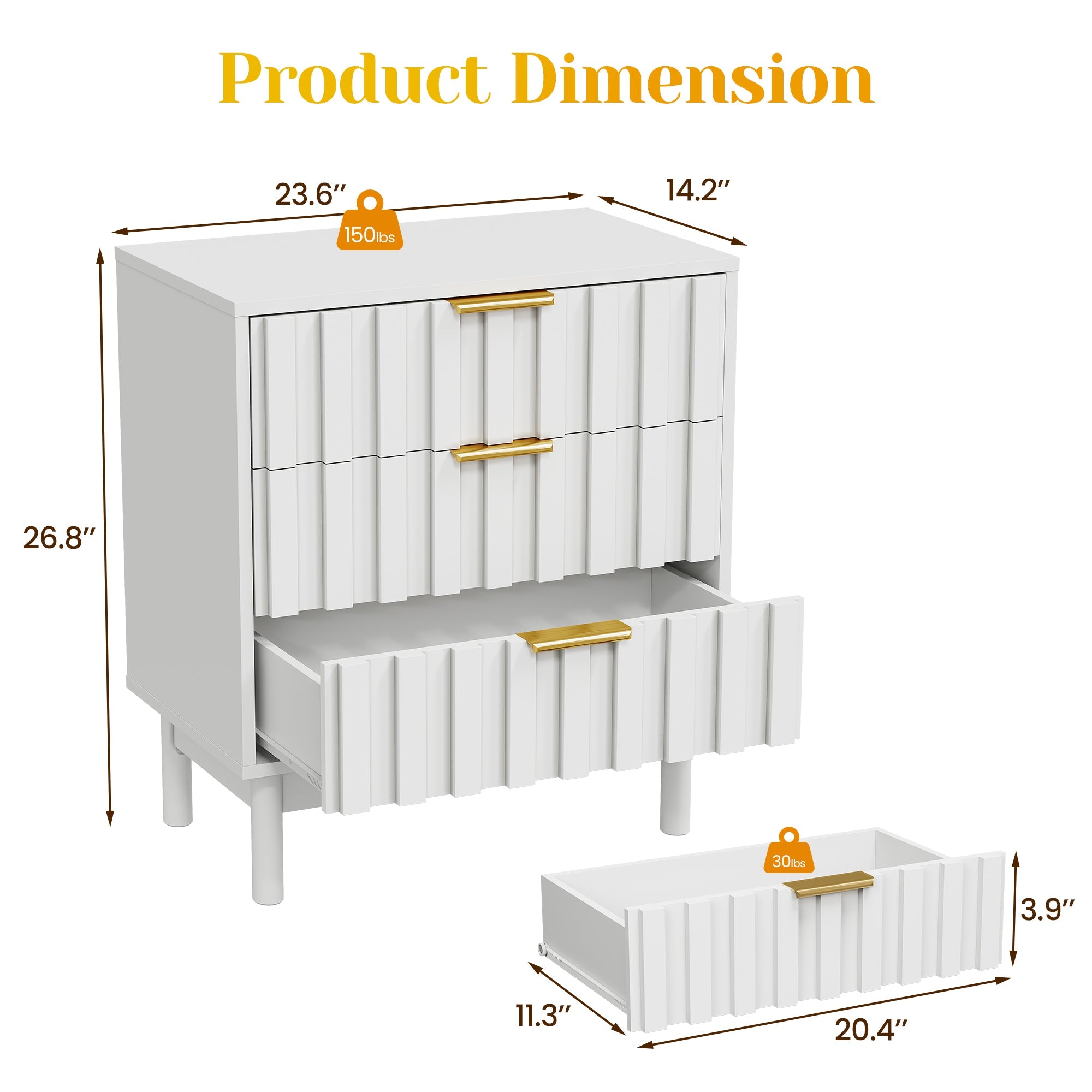 3 Drawer Dresser with Fluted Panel Design