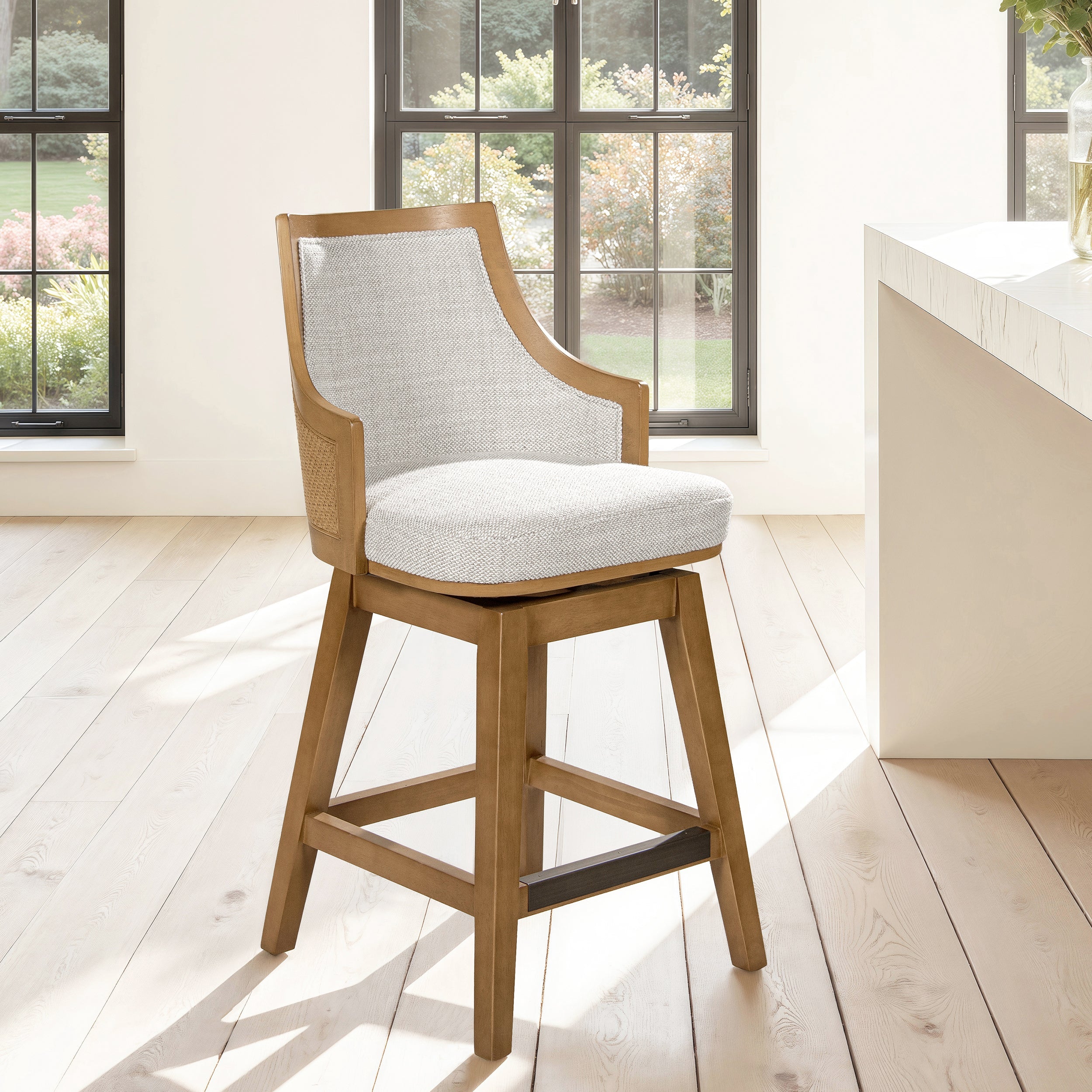 Bahama 26" Cane Rattan High-Back Swivel Counter Stool with Recessed Arms