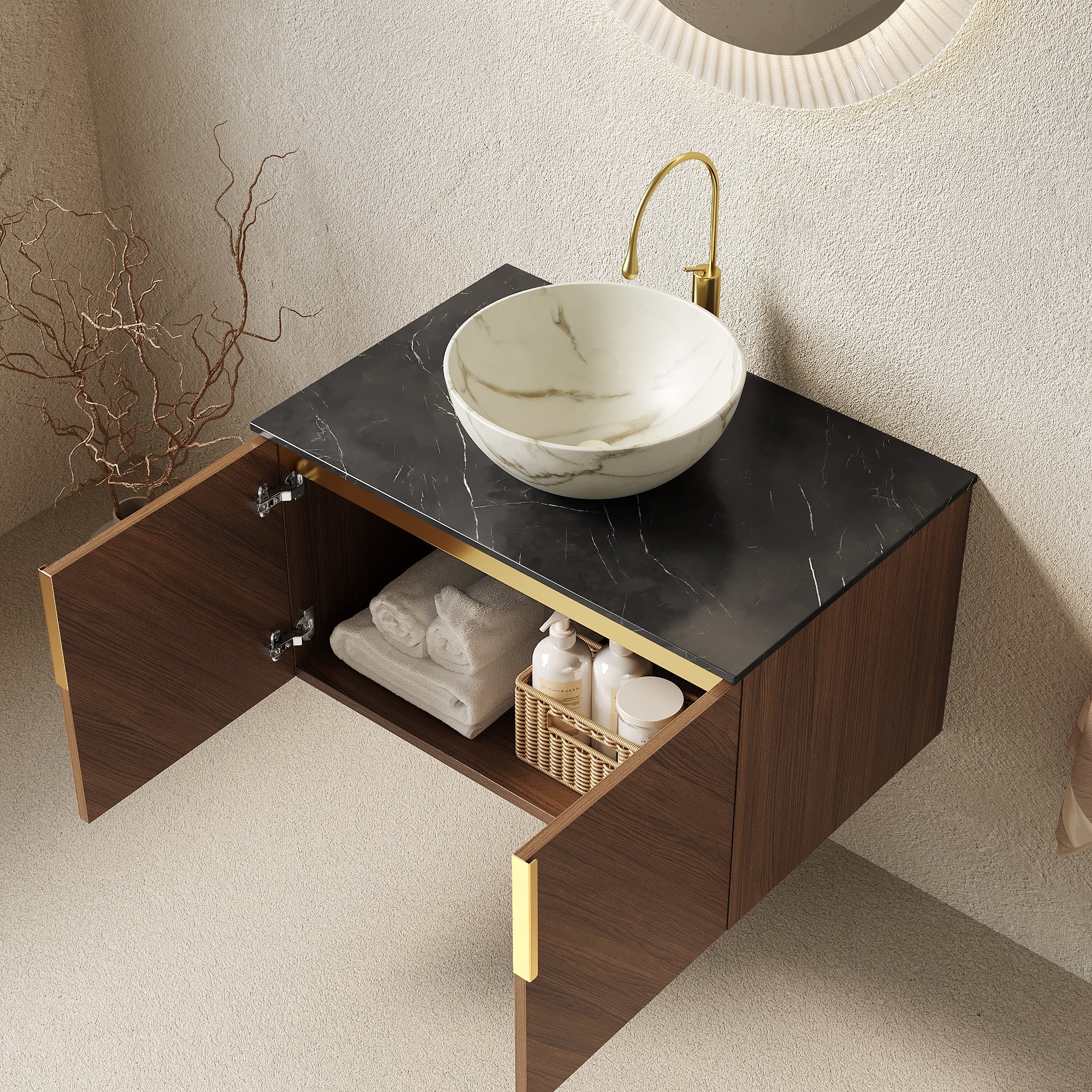 ARAI 30" Bathroom Vanity & Sink, Floating Plywood Storage Cabinet